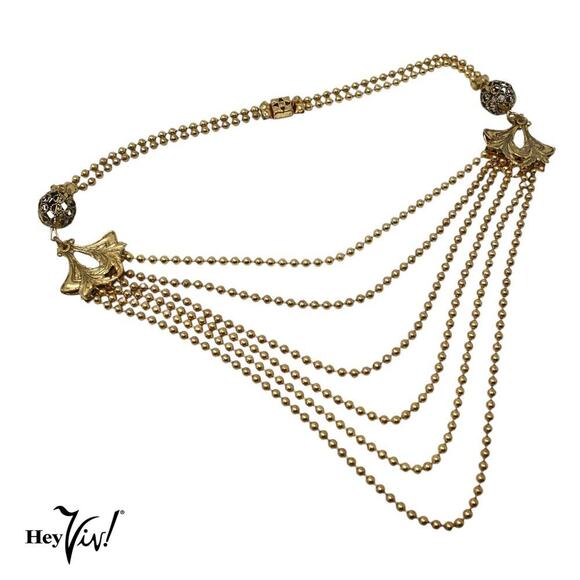 Vintage Multi Strand Necklace Tiny Gold Metal Beads Ornate Ends 16" - Hey Viv - Picture 1 of 6